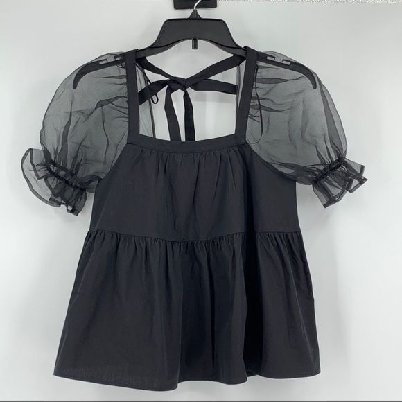 Topshop Babydoll Pouf sleeve peplum blouse black 2P Square Neck Top 8989 - Picture 2 of 12